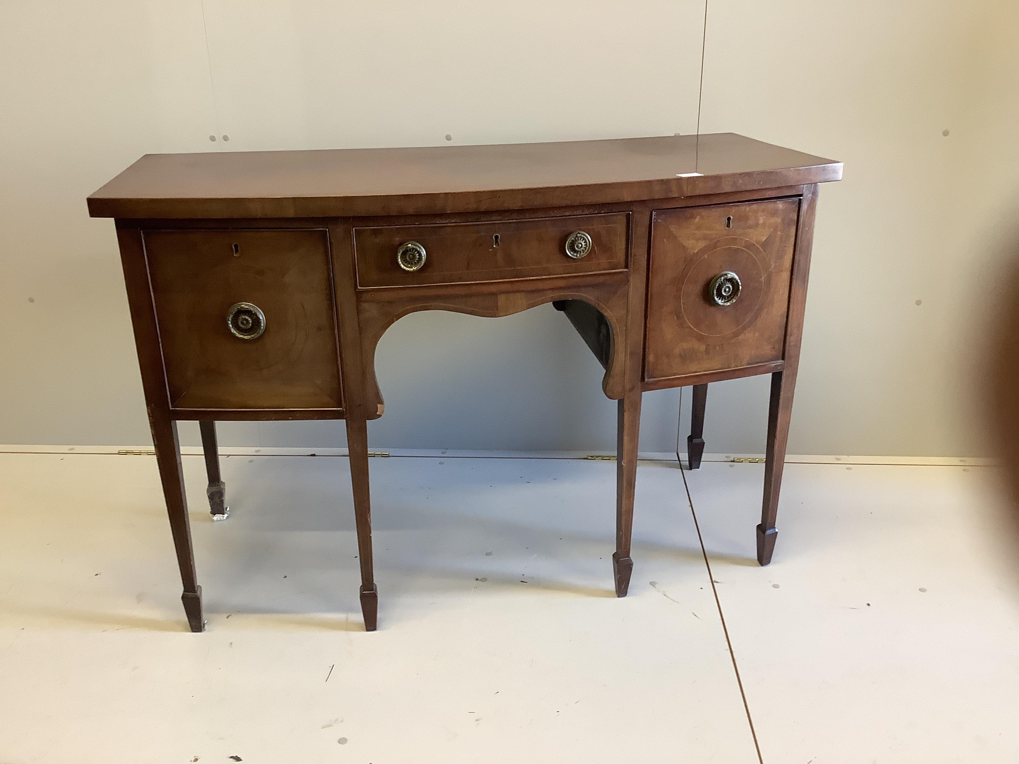 A George III style mahogany bowfront sideboard, width 137cm, depth 66cm, height 91cm